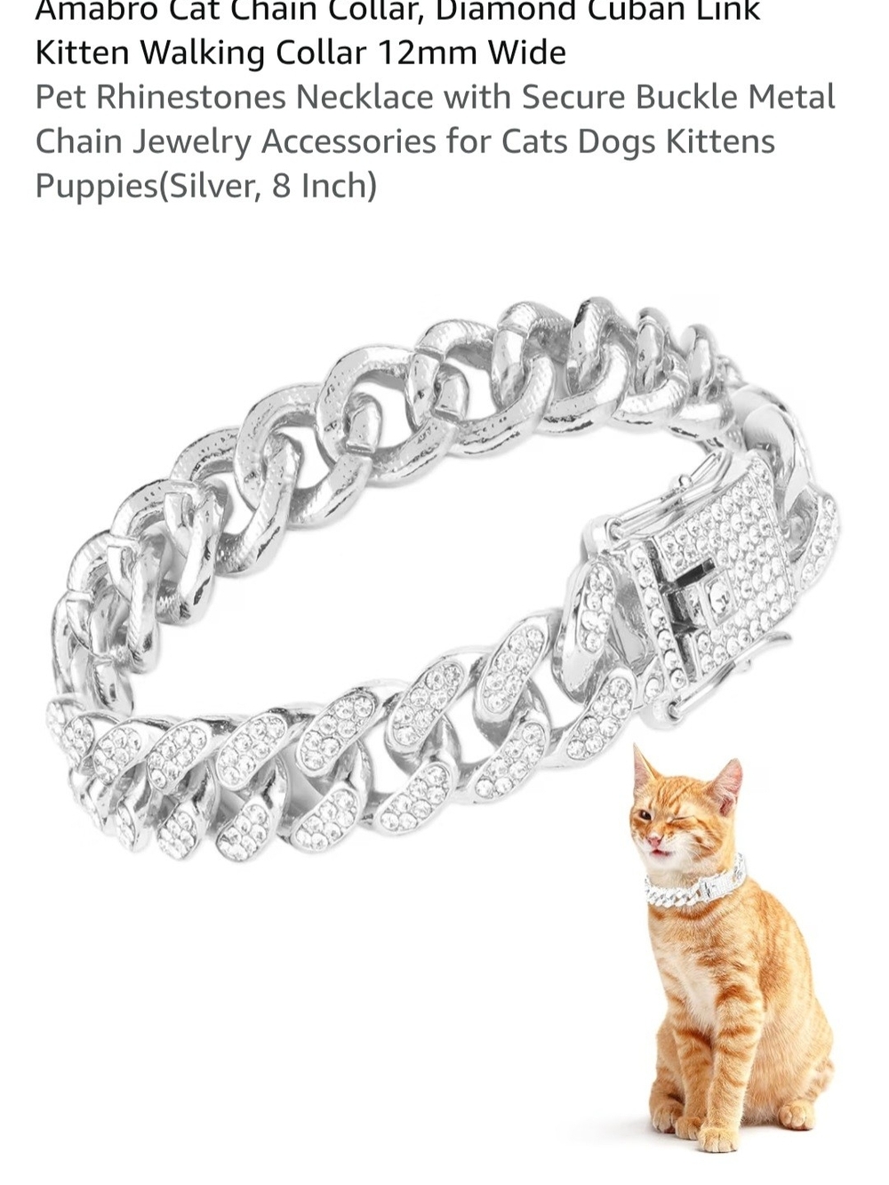 Silver Cat Chain Collar with Rhinestones - 12mm